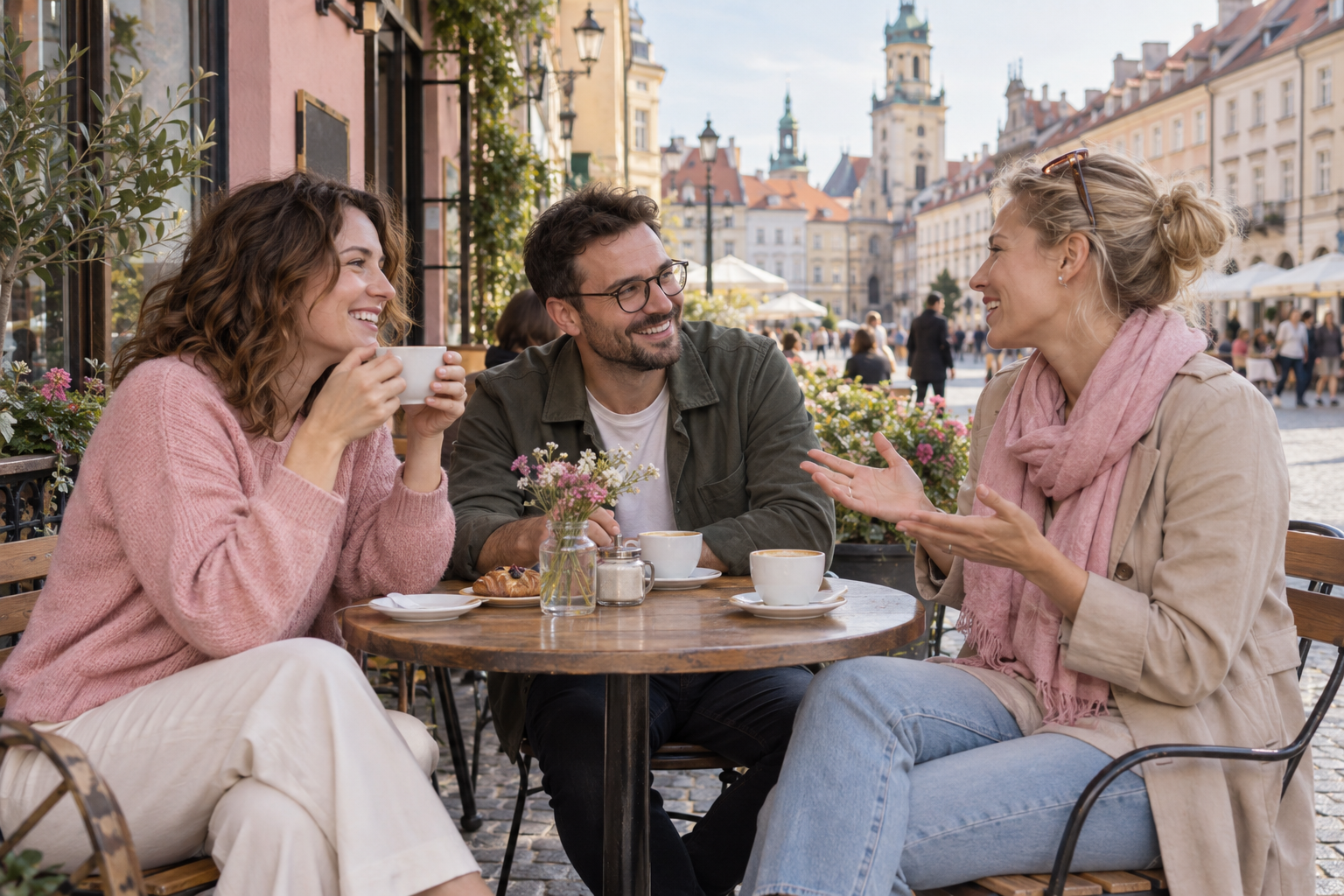 Troje dorosłych rozmawia przy kawie w ogródku kawiarni